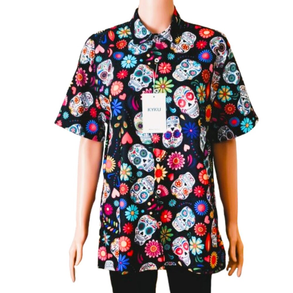 Kyku Men's Skull & Flower Shirt M Button Down Short Sleeves NWT